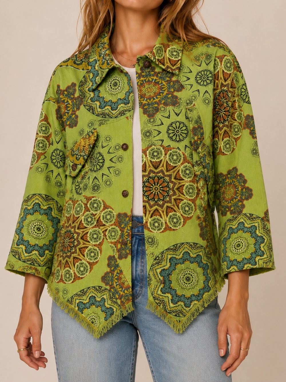 Beyond Capri Made in Italy Lime Green Boho Cotton Jacket One Size Fringe Hem